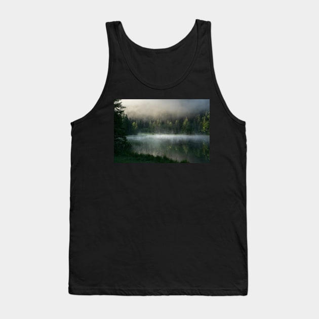 Magic Misty Lake. Amazing shot of a wooden house in the Ferchensee lake in Bavaria, Germany, in front of a mountain belonging to the Alps. Scenic foggy morning scenery at sunrise. Tank Top by EviRadauscher